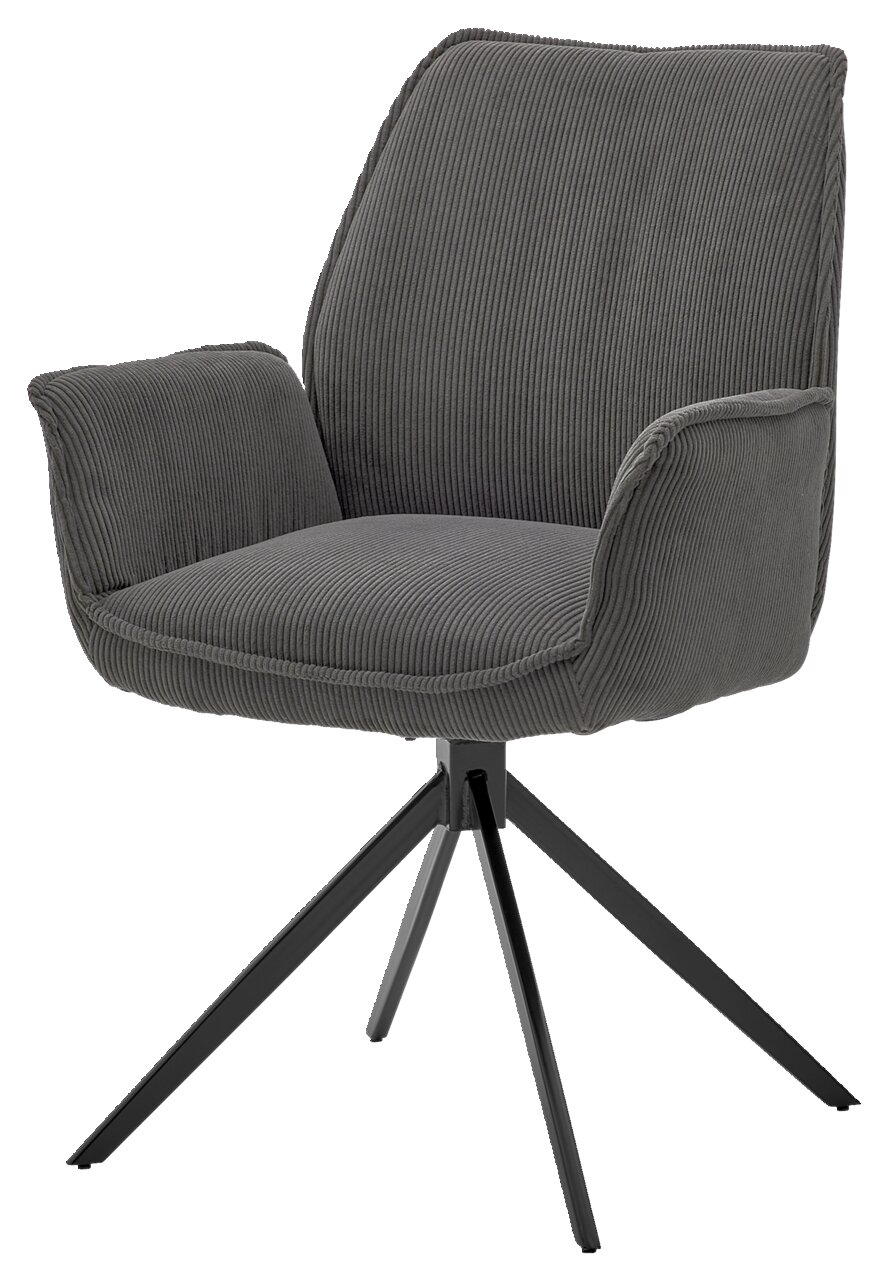 Grauer Armlehnstuhl mit modernem Design und vier schwarzen Metallbeinen, seitliche Perspektive