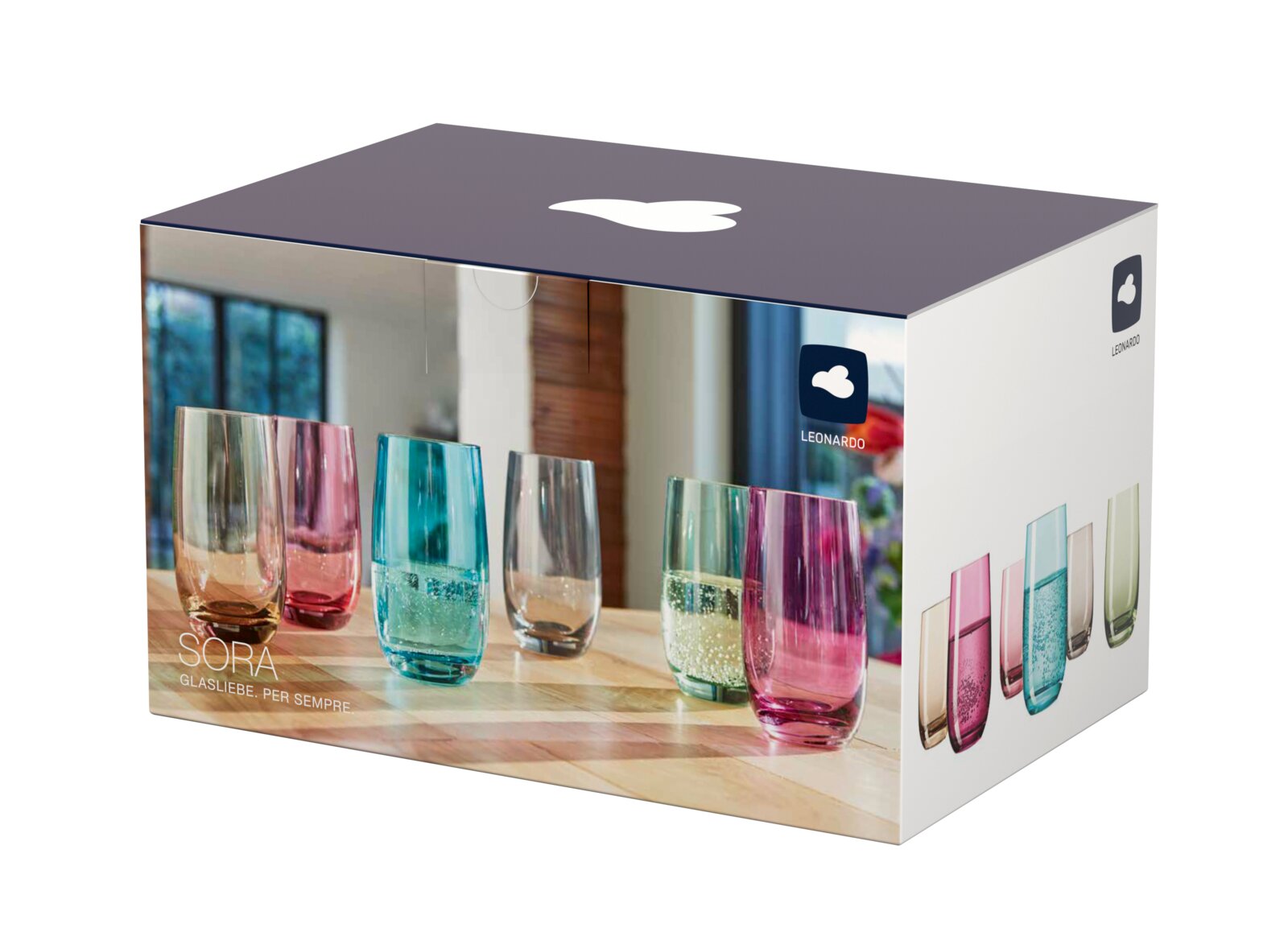 Set aus sechs bunten Trinkgläsern, präsentiert in einer dekorativen Verpackung, seitliche Perspektive