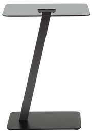 Moderner Beistelltisch mit schwarzer Glasplatte und schrägem Metallgestell, seitliche Perspektive