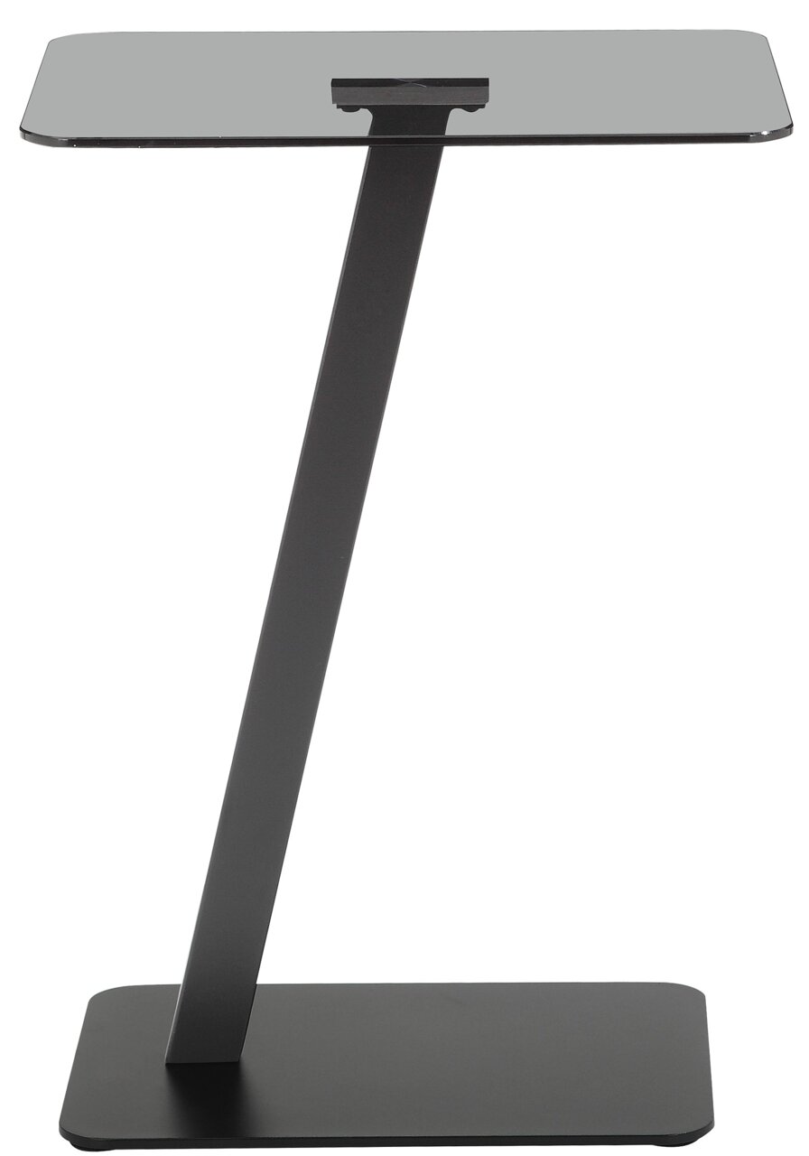 Moderne bijzettafel met zwart glazen blad en schuin metalen onderstel, zijaanzicht