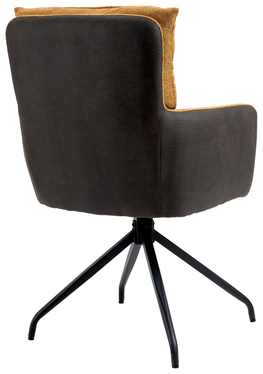 Achterkant van een fauteuil met een zwart metalen frame en bruine bekleding.