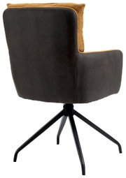 Achterkant van een fauteuil met een zwart metalen frame en bruine bekleding.