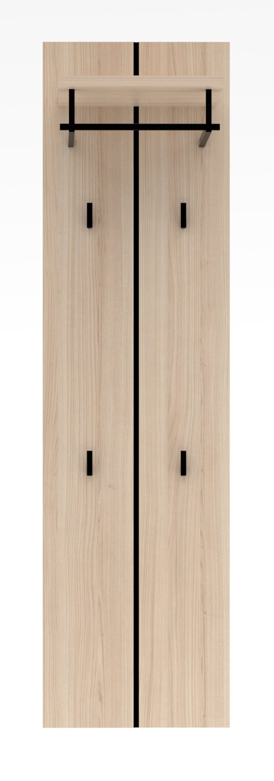 Frontale Ansicht einer modernen Garderoben-Kombination aus hellem Holz mit schwarzen Akzenten, bestehend aus zwei Türen und einer Ablage.