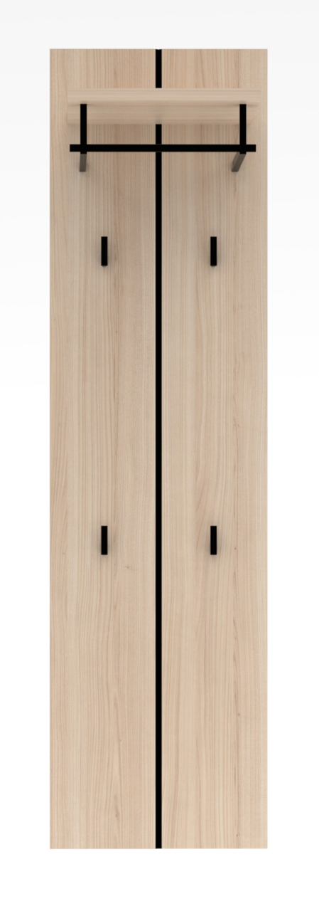 Frontale Ansicht einer modernen Garderoben-Kombination aus hellem Holz mit schwarzen Akzenten, bestehend aus zwei Türen und einer Ablage.