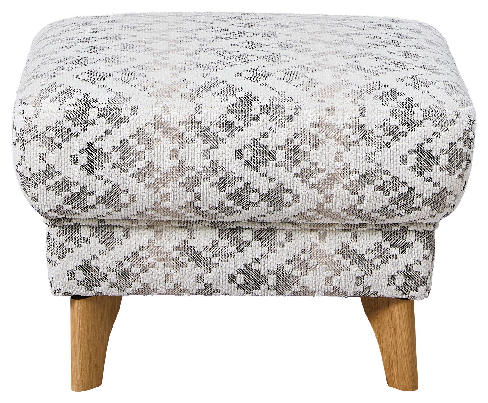 Hocker mit gemustertem Stoffbezug und Holzbeinen, Frontalansicht