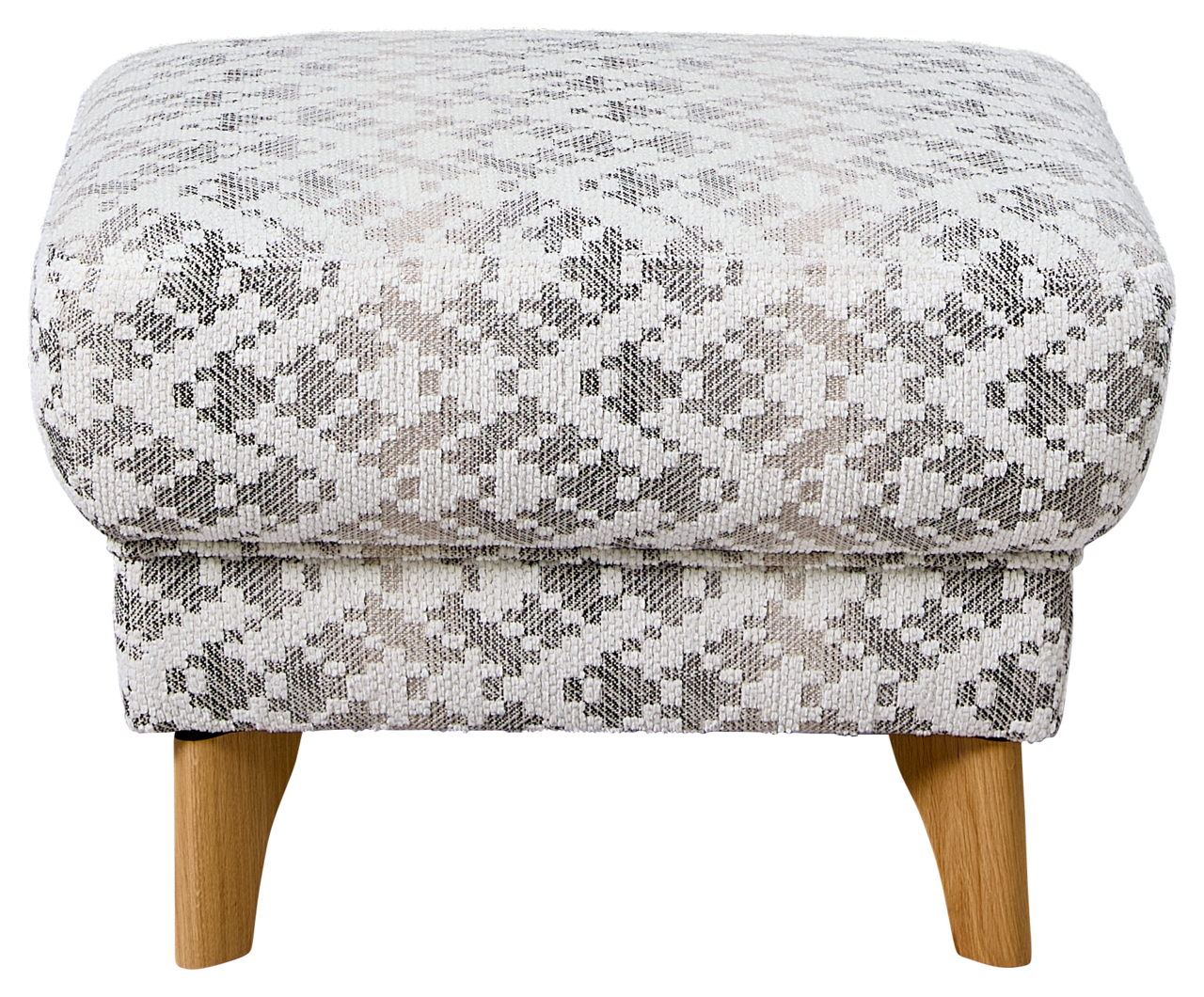 Hocker mit gemustertem Stoffbezug und Holzbeinen, Frontalansicht