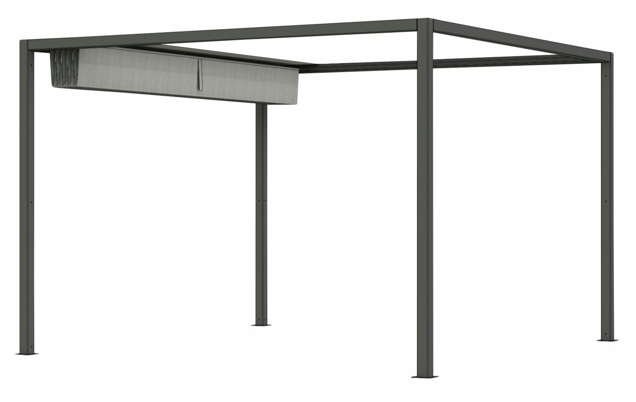 Moderne Pergola mit Faltdach, seitliche Perspektive