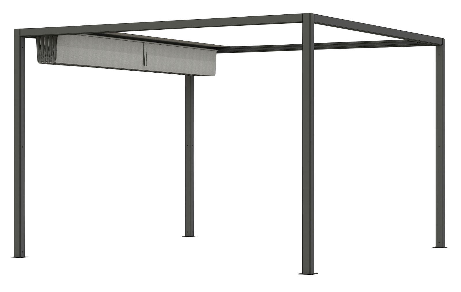 Moderne Pergola mit Faltdach, seitliche Perspektive