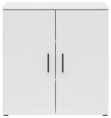 Weiße Kommode mit zwei Türen und schwarzen Griffen, frontale Ansicht