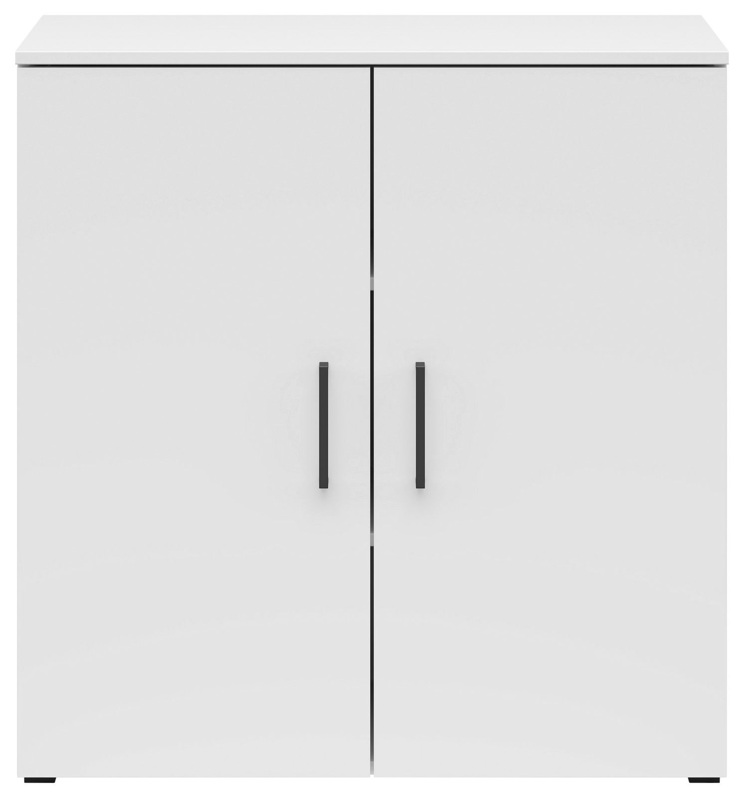 Weiße Kommode mit zwei Türen und schwarzen Griffen, frontale Ansicht