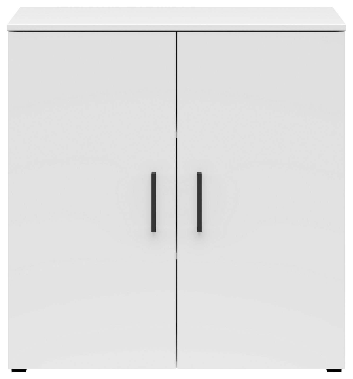 Weiße Kommode mit zwei Türen und schwarzen Griffen, frontale Ansicht