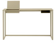 Moderner Konsolentisch oder Schreibtisch aus Metall in Beige, frontal betrachtet, mit einem aufklappbaren Fach auf der linken Seite.