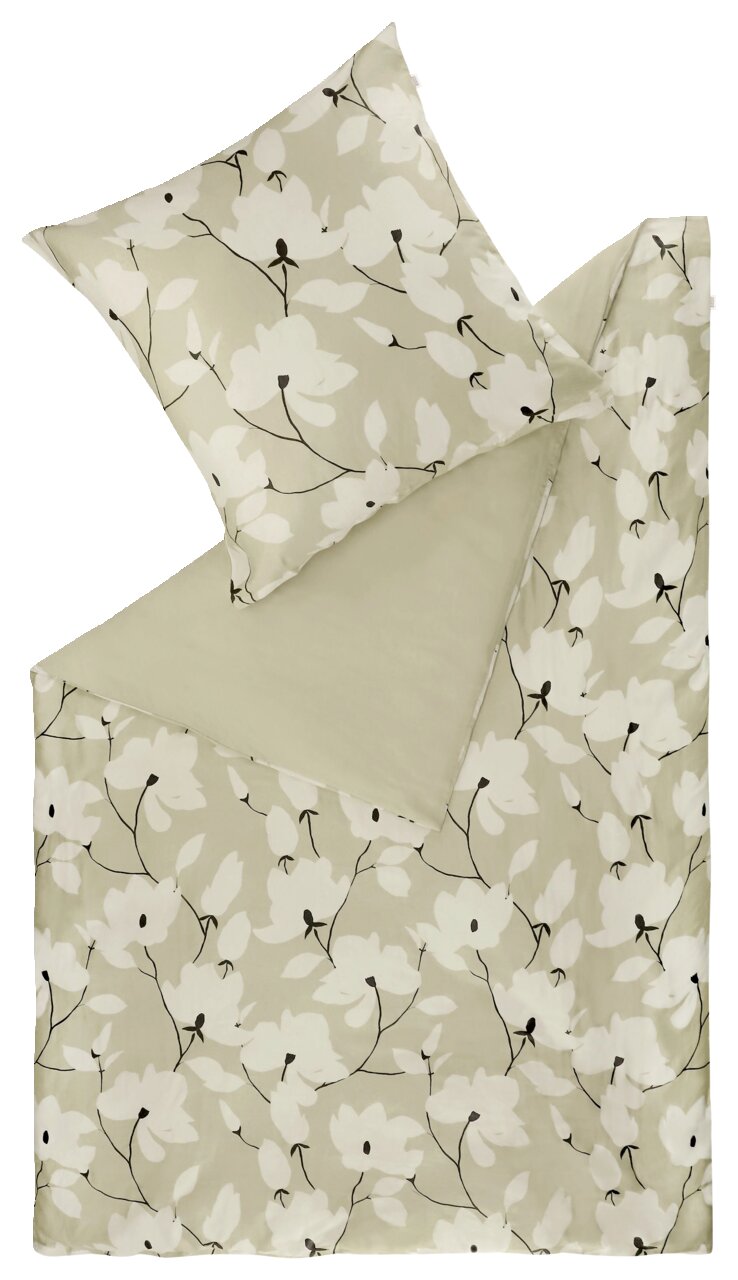 Schöner Wohnen Beddengoed FELLOW Beddengoedset in beige met een groot wit bloemenpatroon en zwarte lijntekening, inclusief kussensloop en omgeslagen deken; schuin van bovenaf gezien (top-down).