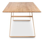 Moderne houten eettafel met rechthoekig tafelblad, gezien vanaf de voorkant.