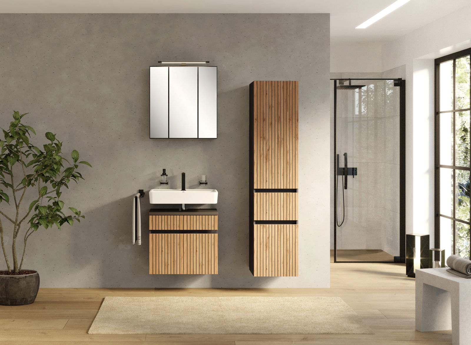 Moderner Hochschrank aus Holz mit vertikalen Linien, montiert in einem stilvollen Badezimmer. Frontalansicht.