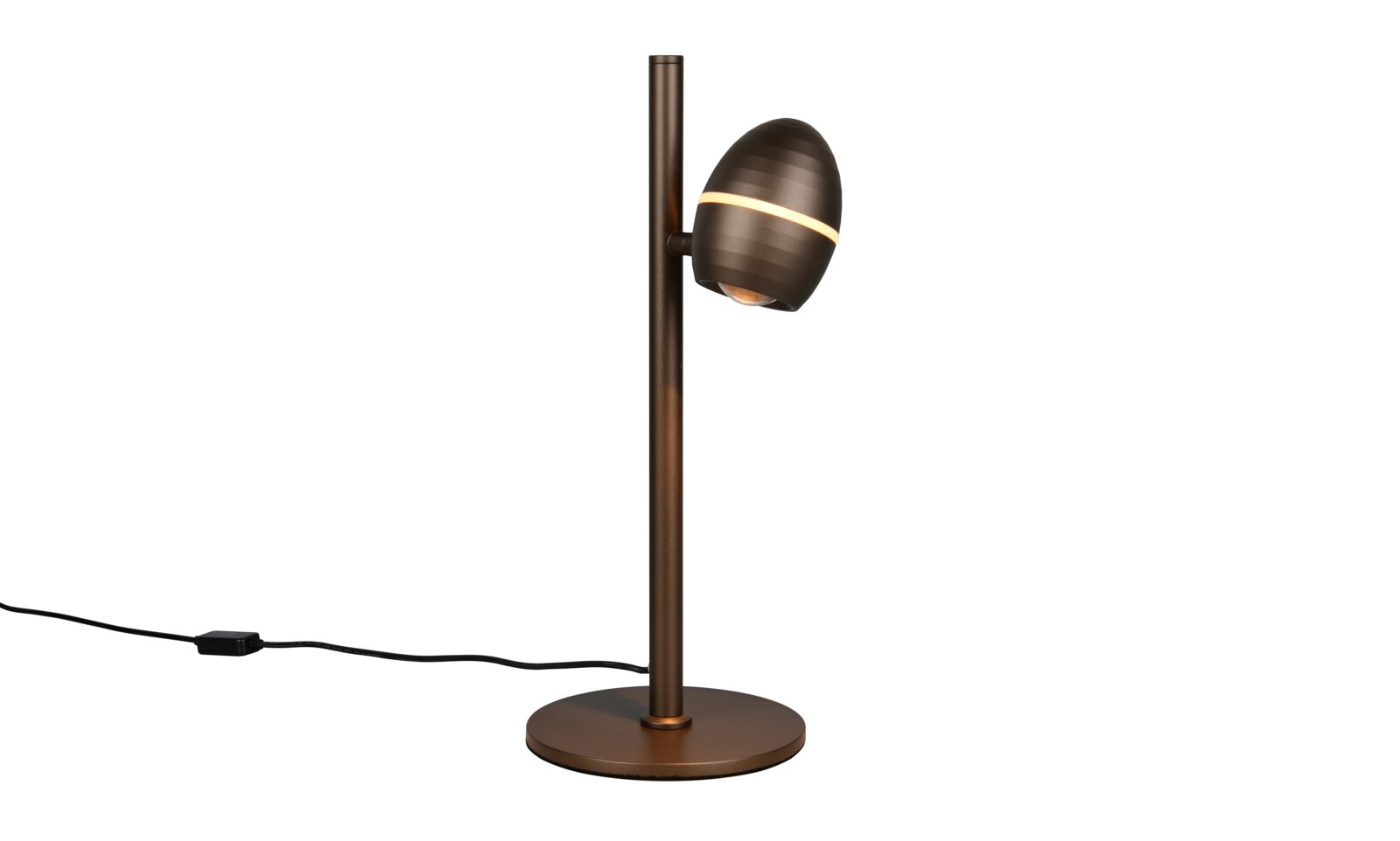 TRIO SELECT LED-tafellamp BEDFORD Moderne tafellamp van bronskleurig metaal met ronde voet en verstelbare ovale lampkop met lichtaccent, zijaanzicht op witte achtergrond