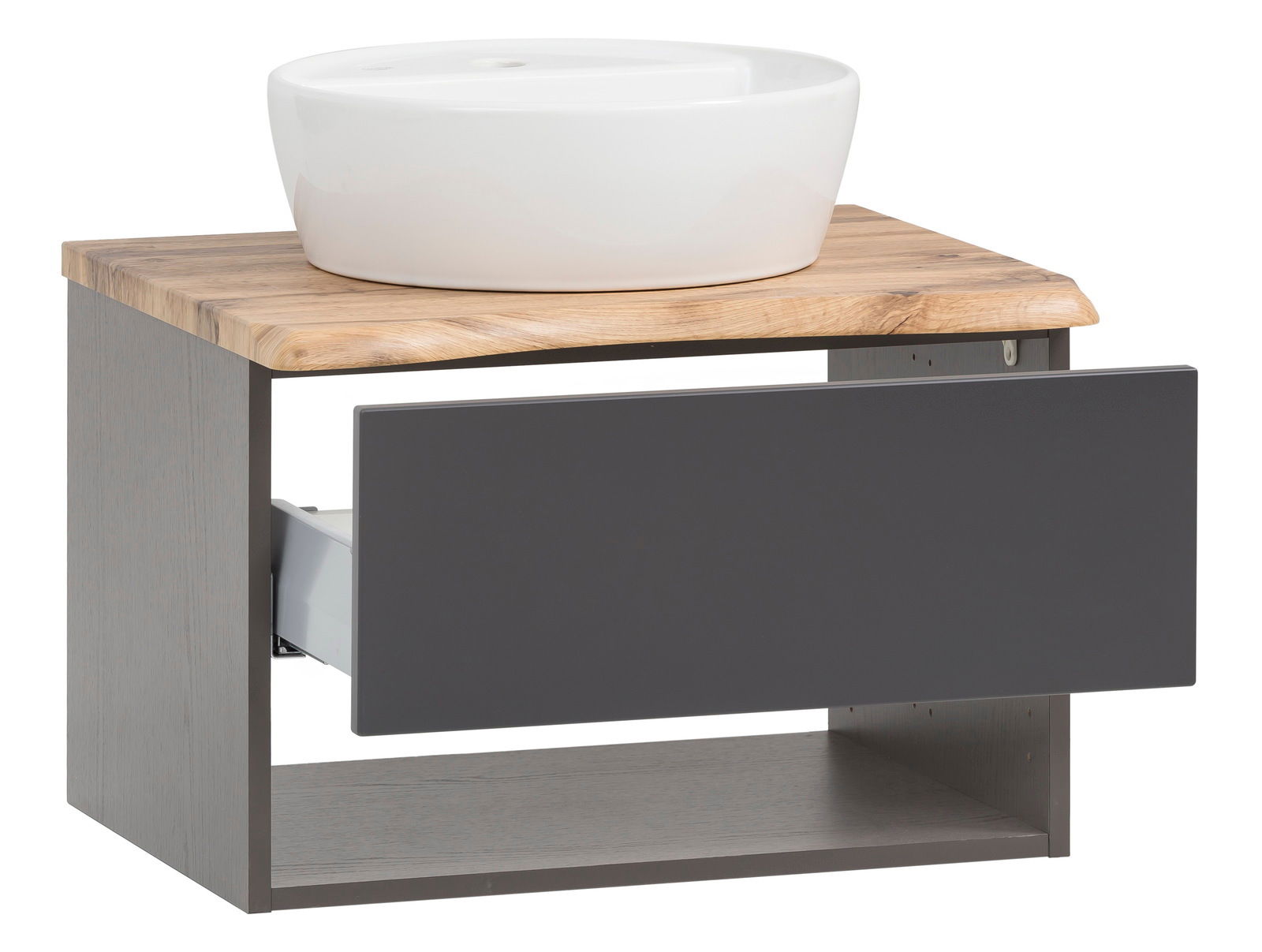 Waschtisch-Set mit weißem Aufsatzwaschbecken auf einer Holzplatte und grauem Unterschrank, seitliche Perspektive