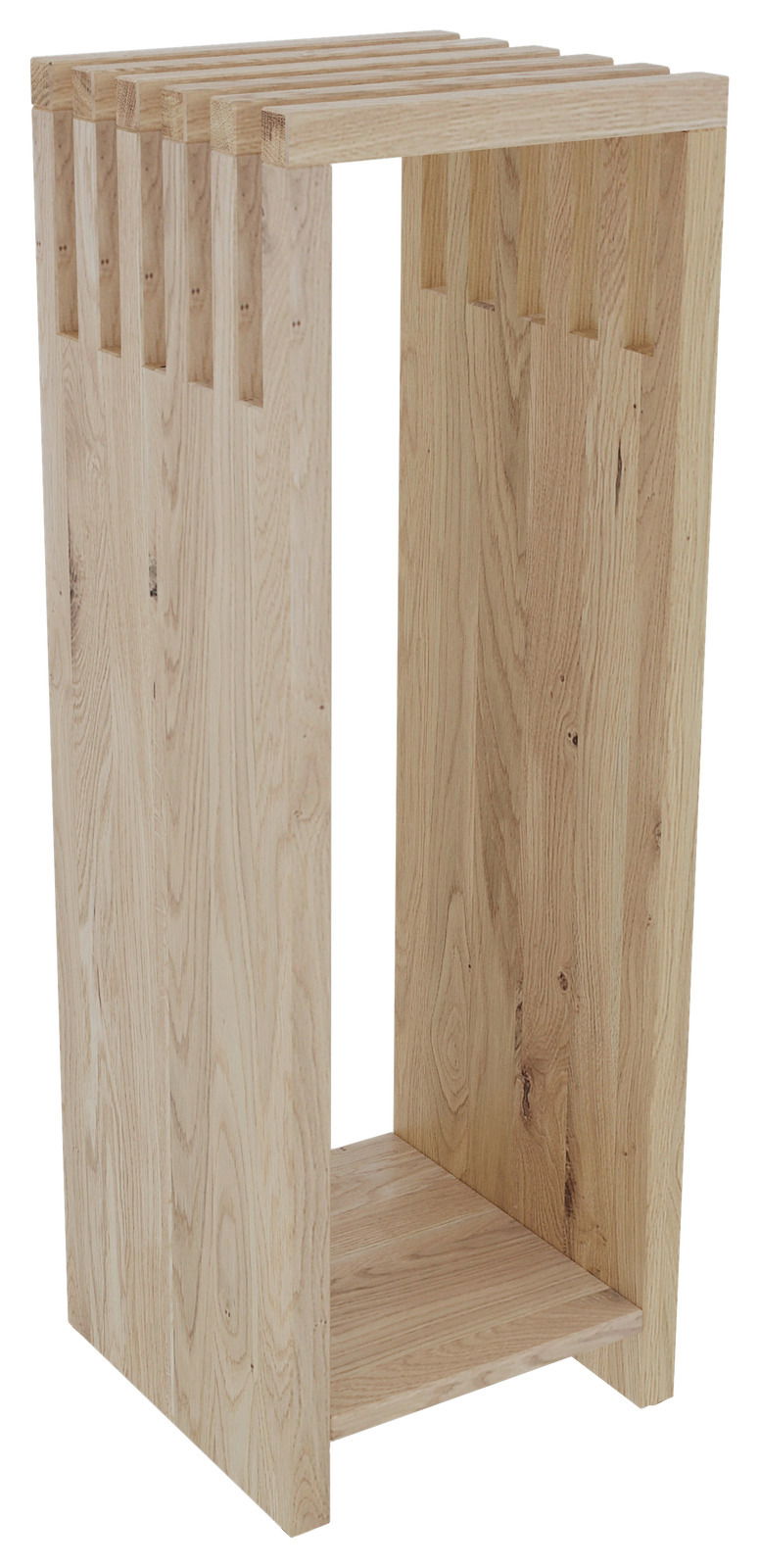 Moderner Beistelltisch aus hellem Holz mit vertikalen Lamellen, seitliche Perspektive