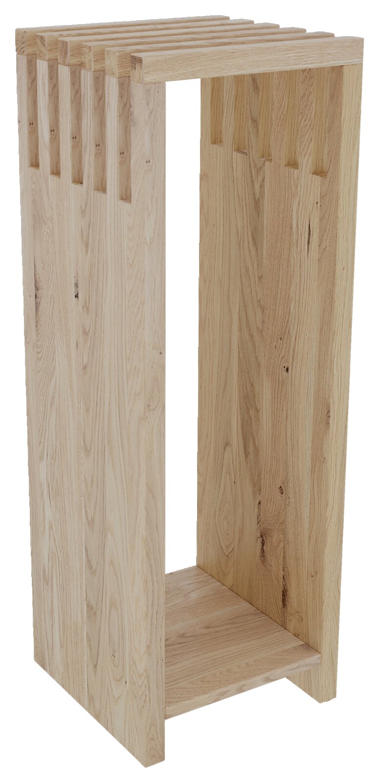 Moderner Beistelltisch aus hellem Holz mit vertikalen Lamellen, seitliche Perspektive