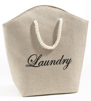 Beiger Wäschesack mit der Aufschrift 'Laundry' und einem Seilgriff, Vorderansicht