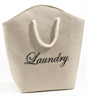 Beiger Wäschesack mit der Aufschrift 'Laundry' und einem Seilgriff, Vorderansicht
