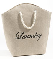 Beiger Wäschesack mit der Aufschrift 'Laundry' und einem Seilgriff, Vorderansicht