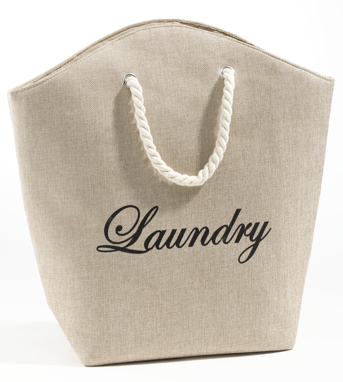 Beiger Wäschesack mit der Aufschrift 'Laundry' und einem Seilgriff, Vorderansicht