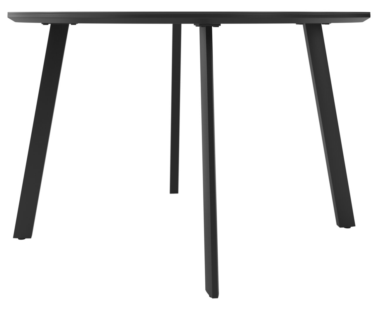 Moderner schwarzer Gartentisch mit vier schrägen Beinen, seitliche Perspektive