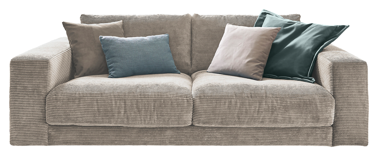 Lounge Handmade Sofa 2-Sitzer LH-SAMBIA Zweisitzer-Sofa aus beigem Cordstoff mit vier verschiedenfarbigen Kissen, Frontalansicht