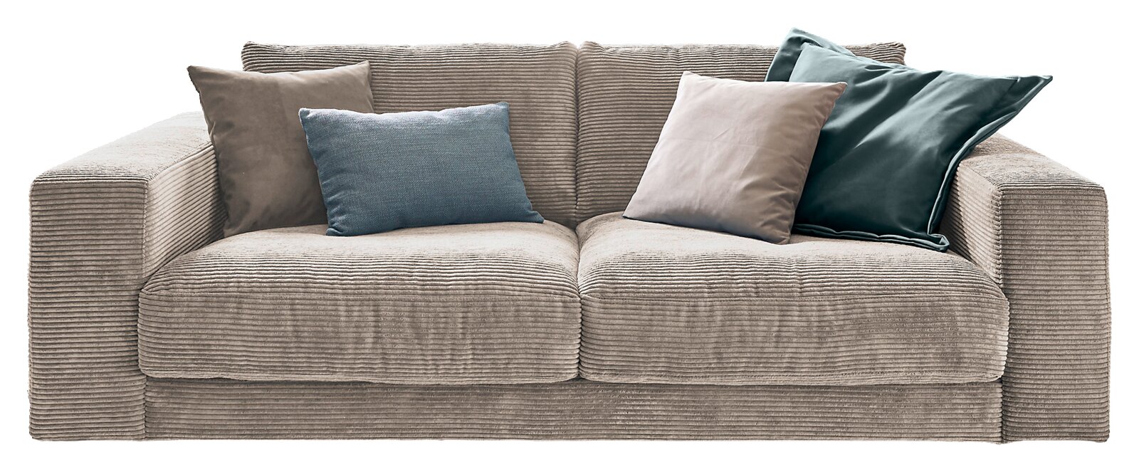 Tweezitsbank van beige corduroy met vier kussens in verschillende kleuren, vooraanzicht