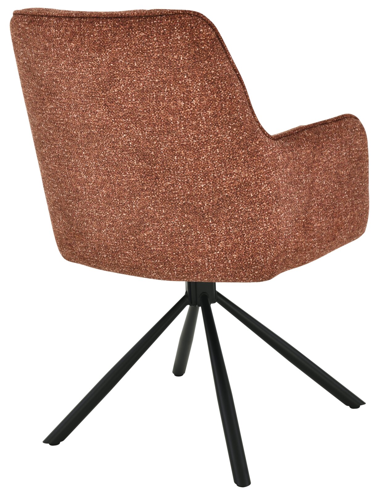 Achterkant van een fauteuil met bruine stoffen bekleding en een zwart metalen frame.