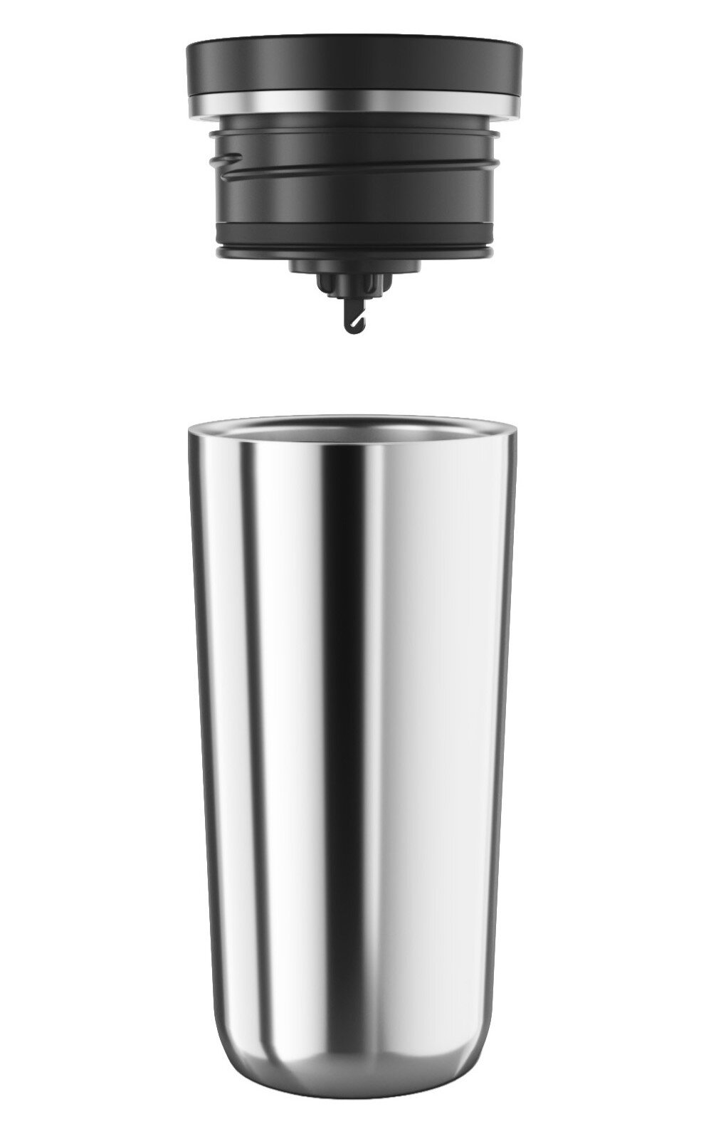 Edelstahl-Thermobecher mit schwarzem Schraubdeckel und Aufhängung, freigestellt in Explosionsansicht von vorne (Deckel oben, Becher unten)