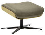 Moderner Hocker mit gepolsterter Sitzfläche in Beige, Holzrahmen und schwarzem Metallfuß, seitliche Perspektive