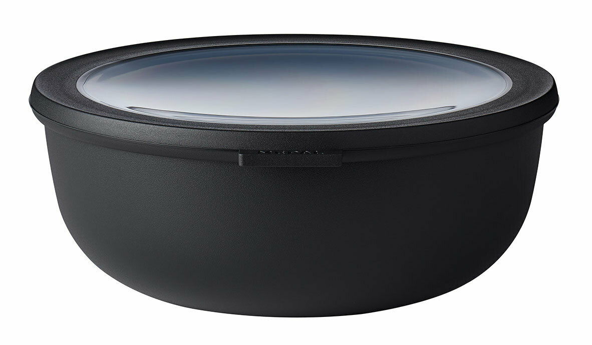 Schwarze Multischüssel Cirqula 2250 ml mit transparentem Deckel, seitliche Perspektive