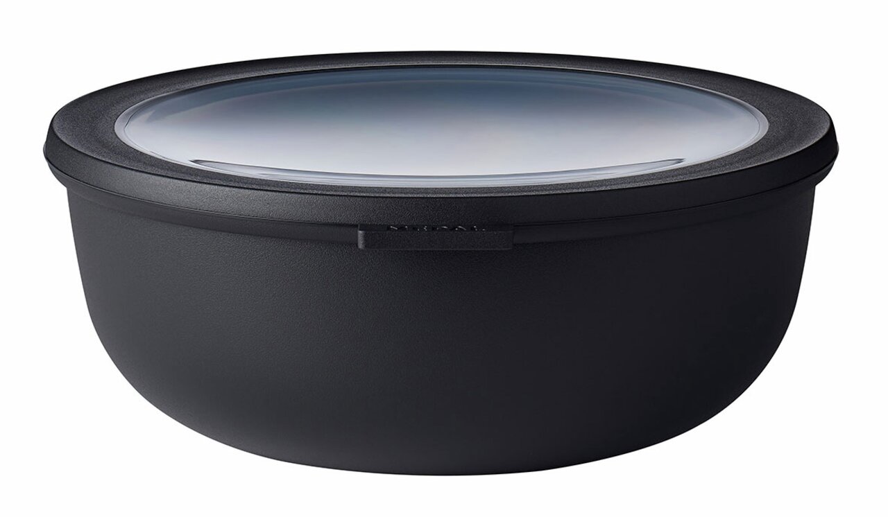 Schwarze Multischüssel Cirqula 2250 ml mit transparentem Deckel, seitliche Perspektive
