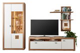 Moderne Wandkombination aus Holz und Weiß mit Vitrine, TV-Schrank und Wandregal, frontal betrachtet.