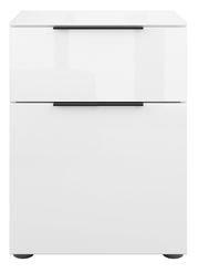 Weiße Nachtkommode mit zwei Schubladen, Frontansicht