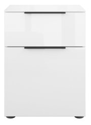 Weiße Nachtkommode mit zwei Schubladen, Frontansicht