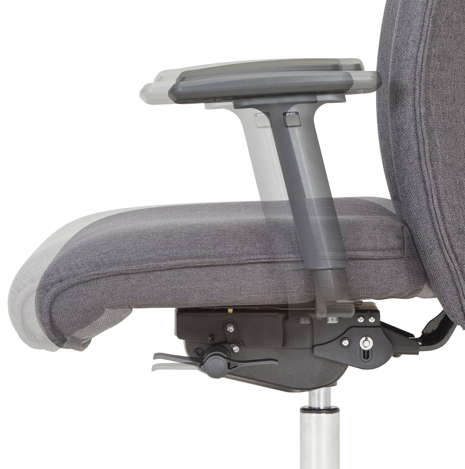 Seitenansicht eines XL-Drehstuhls mit verstellbarer Armlehne und gepolstertem Sitz in Grau.