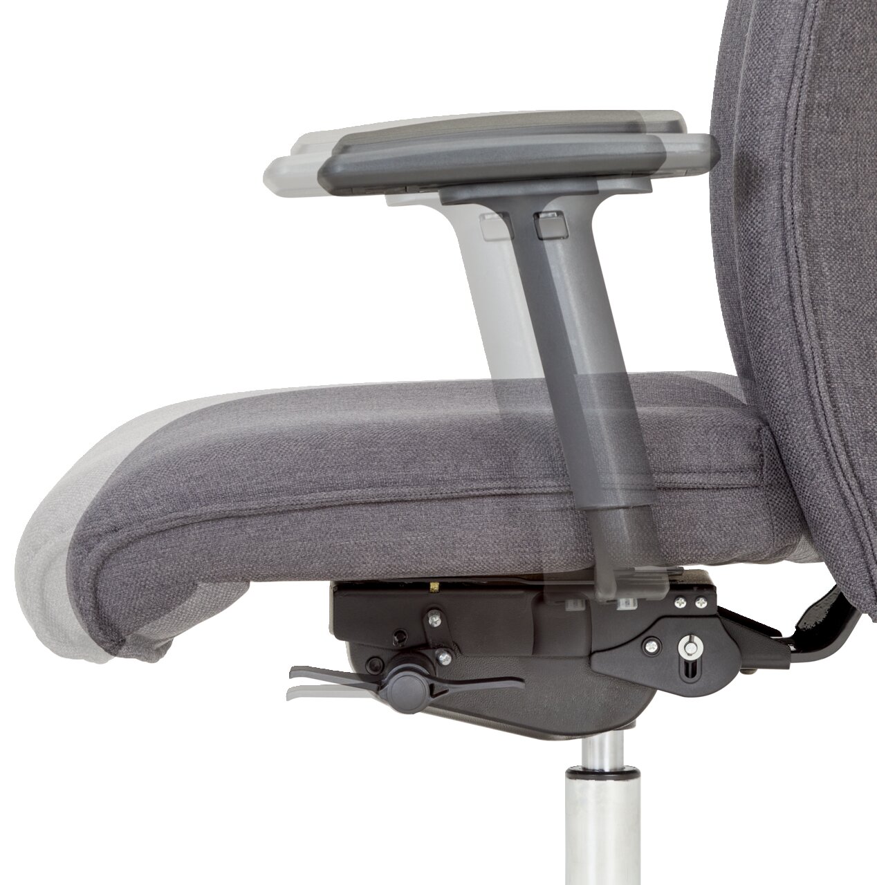 Seitenansicht eines XL-Drehstuhls mit verstellbarer Armlehne und gepolstertem Sitz in Grau.