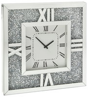 Silberne Wanduhr mit römischen Ziffern und glitzerndem Rahmen, seitliche Perspektive