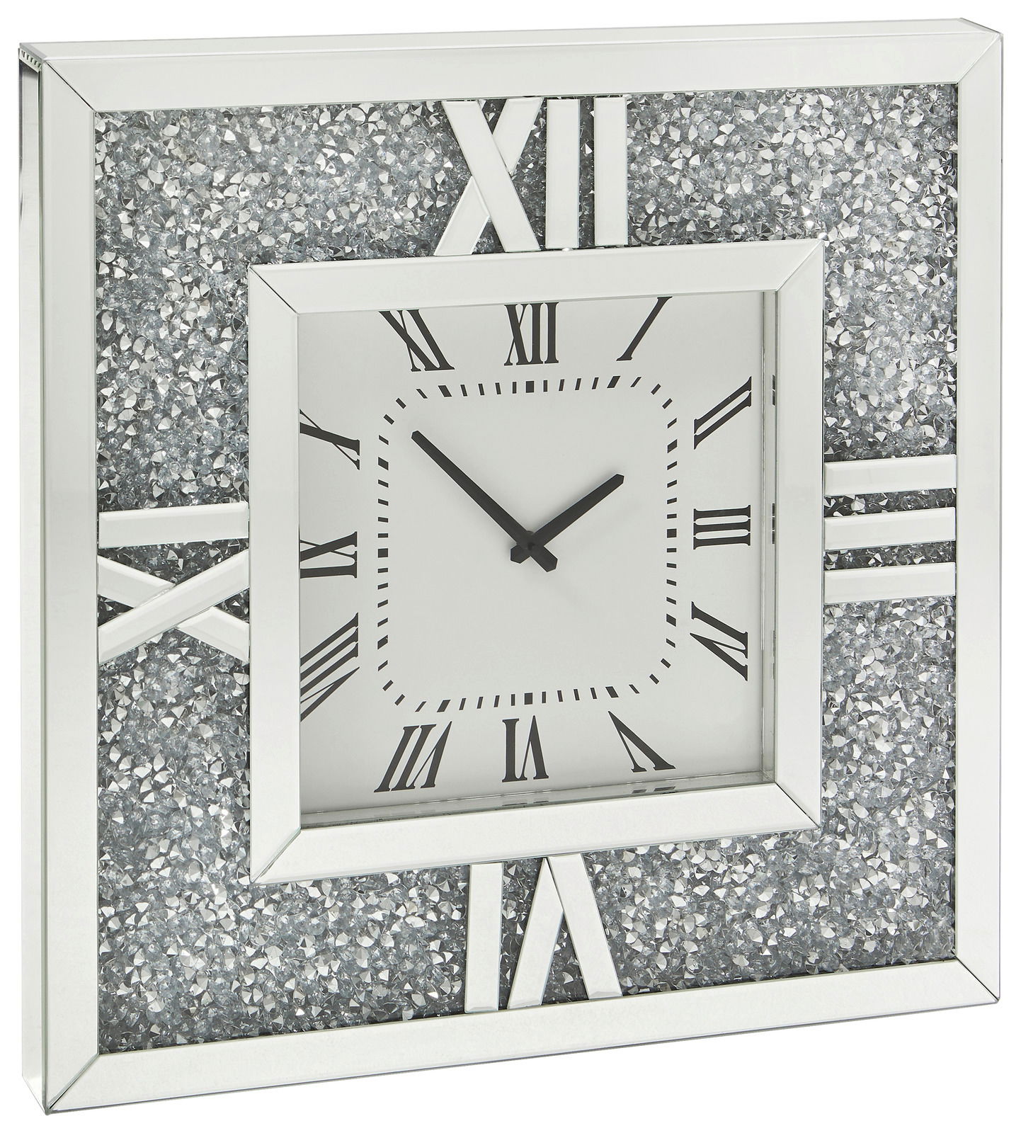 Silberne Wanduhr mit römischen Ziffern und glitzerndem Rahmen, seitliche Perspektive