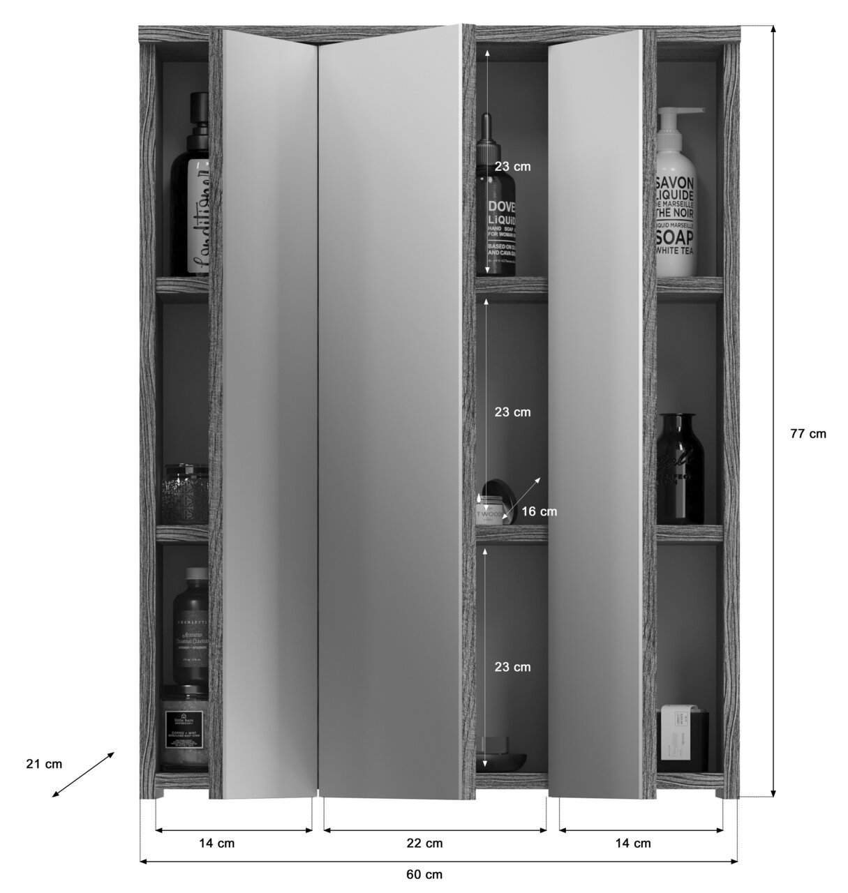Spiegelschrank mit drei Türen und seitlichen Regalen, frontal betrachtet. Maße: 77 cm hoch, 60 cm breit, 21 cm tief.