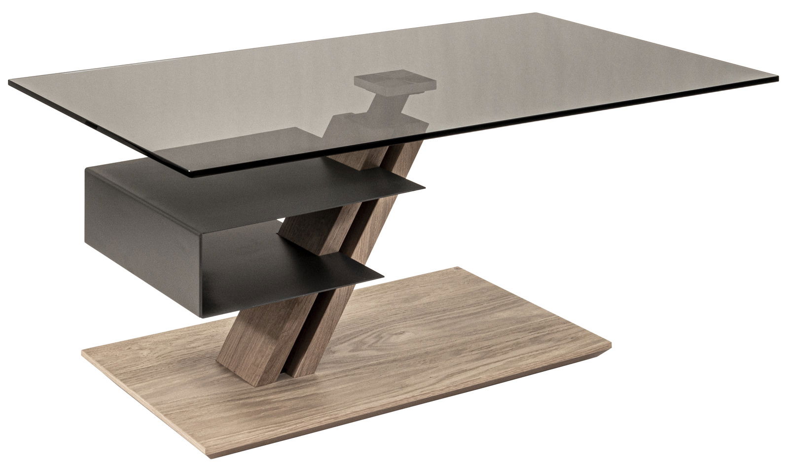 Moderner Couchtisch mit Glasplatte und schrägem Holzgestell, seitliche Perspektive