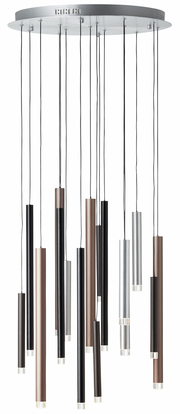 Moderne Hängelampe mit mehreren zylindrischen LED-Leuchten in verschiedenen Farben, von unten betrachtet.