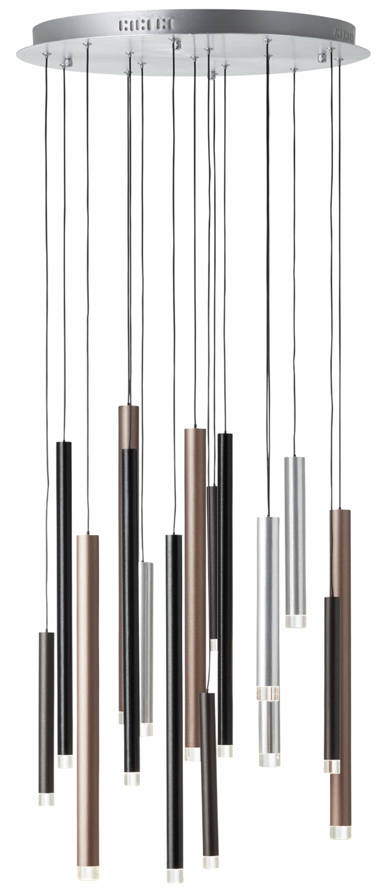 Moderne Hängelampe mit mehreren zylindrischen LED-Leuchten in verschiedenen Farben, von unten betrachtet.