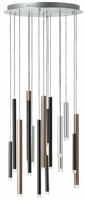 Moderne Hängelampe mit mehreren zylindrischen LED-Leuchten in verschiedenen Farben, von unten betrachtet.