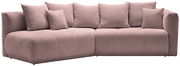 Rosa Rundecke Sofa mit mehreren Kissen, Perspektive von vorne