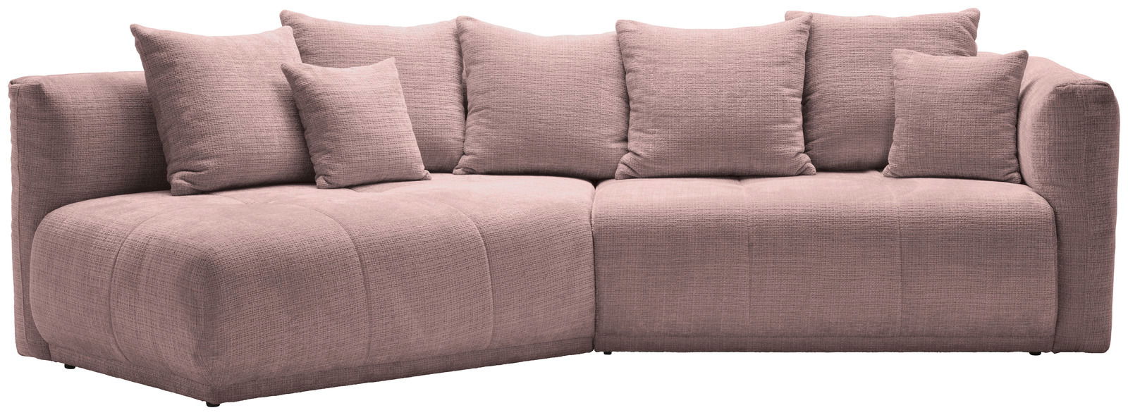 Rosa Rundecke Sofa mit mehreren Kissen, Perspektive von vorne