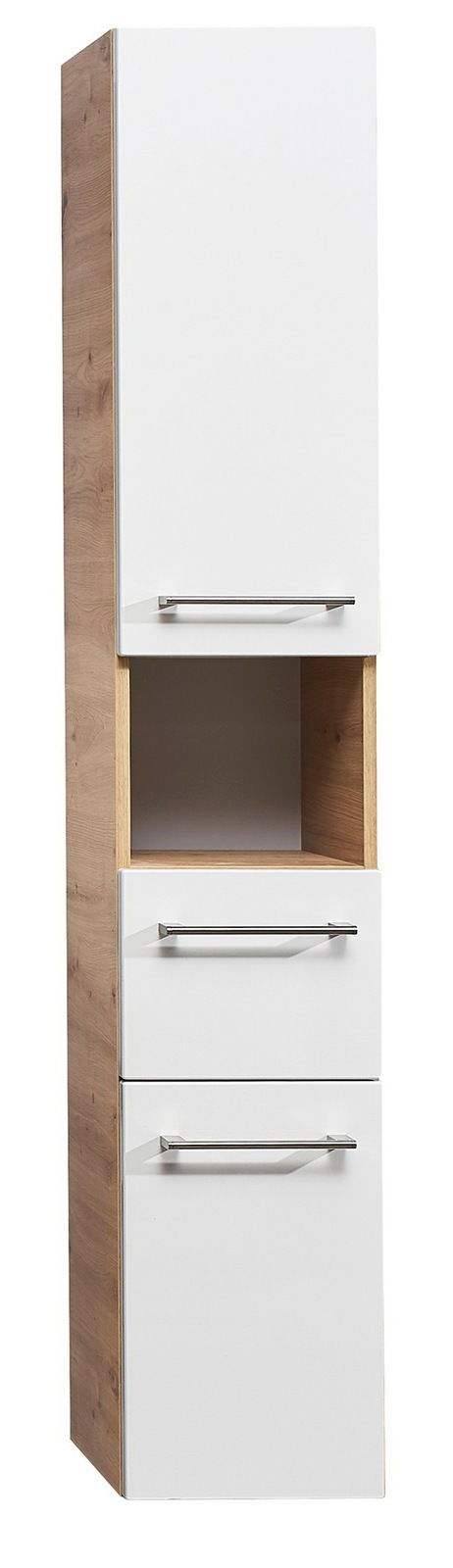 Sadena Hochschrank PLAKA Moderner Hochschrank mit weißer Front und Holzseiten, drei Schubladen und einem offenen Fach, Frontalansicht.